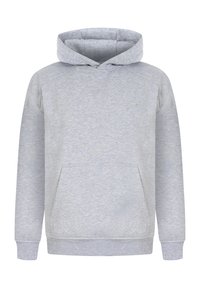 Sweat à capuche gris en tissu doux, avec une poche kangourou à l'avant, des poignets côtelés et une capuche à cordon. Marque discrète sur la poitrine.