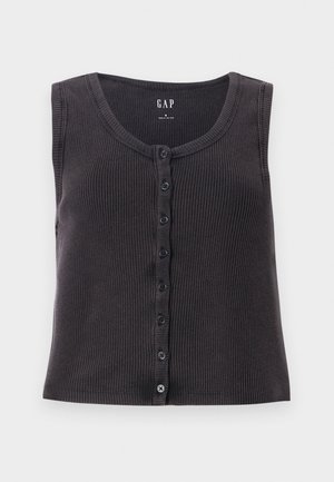 Dark gray ribbed sleeveless top with a round neckline and a button front placket. Designs feature subtle texture and six black buttons.
