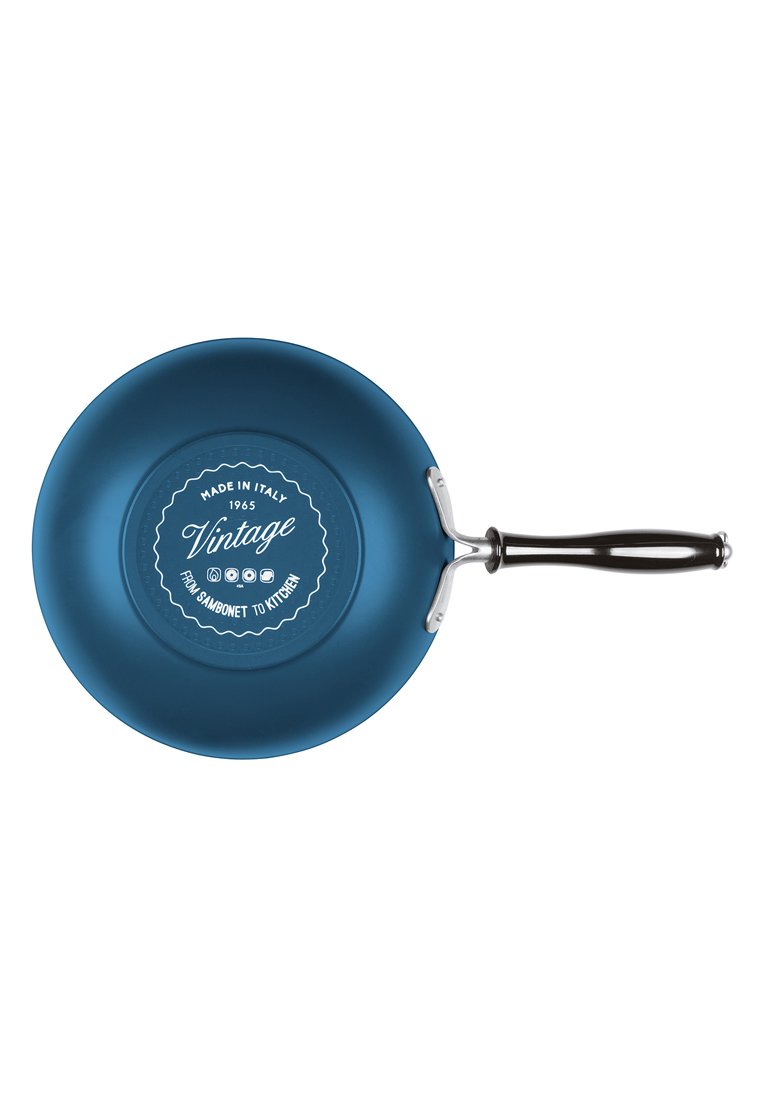 Padella blu con finitura liscia, manico ergonomico nero e base circolare con etichetta "Vintage" e dettagli di produzione.