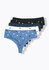 Quatre paires de sous-vêtements pour femmes en bleu, noir, marine et blanc. La paire bleue présente un broderie florale colorée ; les autres sont des couleurs unies.
