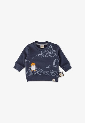 Felpa blu navy in cotone, caratterizzata da un'illustrazione di un pinguino con un cappello, una stampa di montagne e un dettaglio a bottoni sulla spalla.