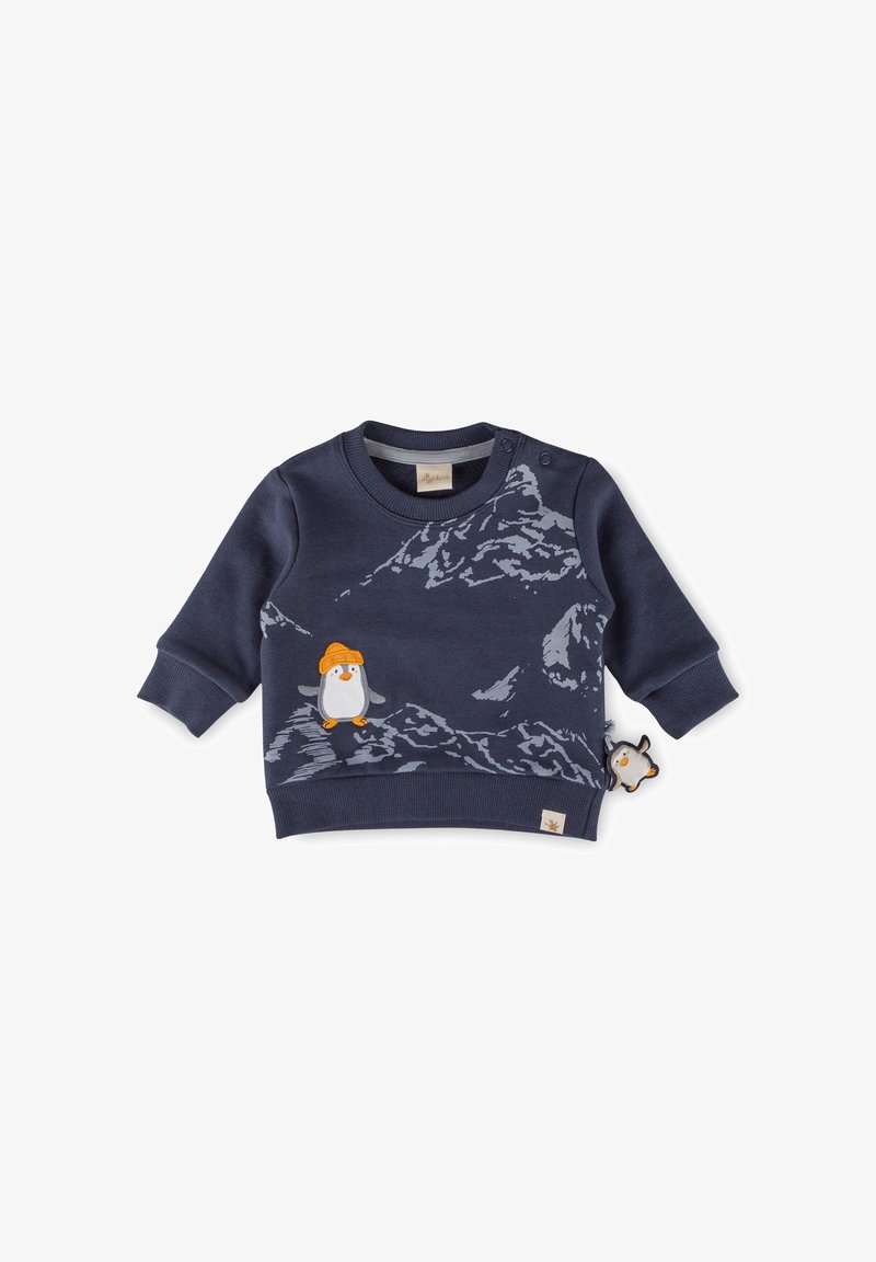 Felpa blu navy in cotone, caratterizzata da un'illustrazione di un pinguino con un cappello, una stampa di montagne e un dettaglio a bottoni sulla spalla.