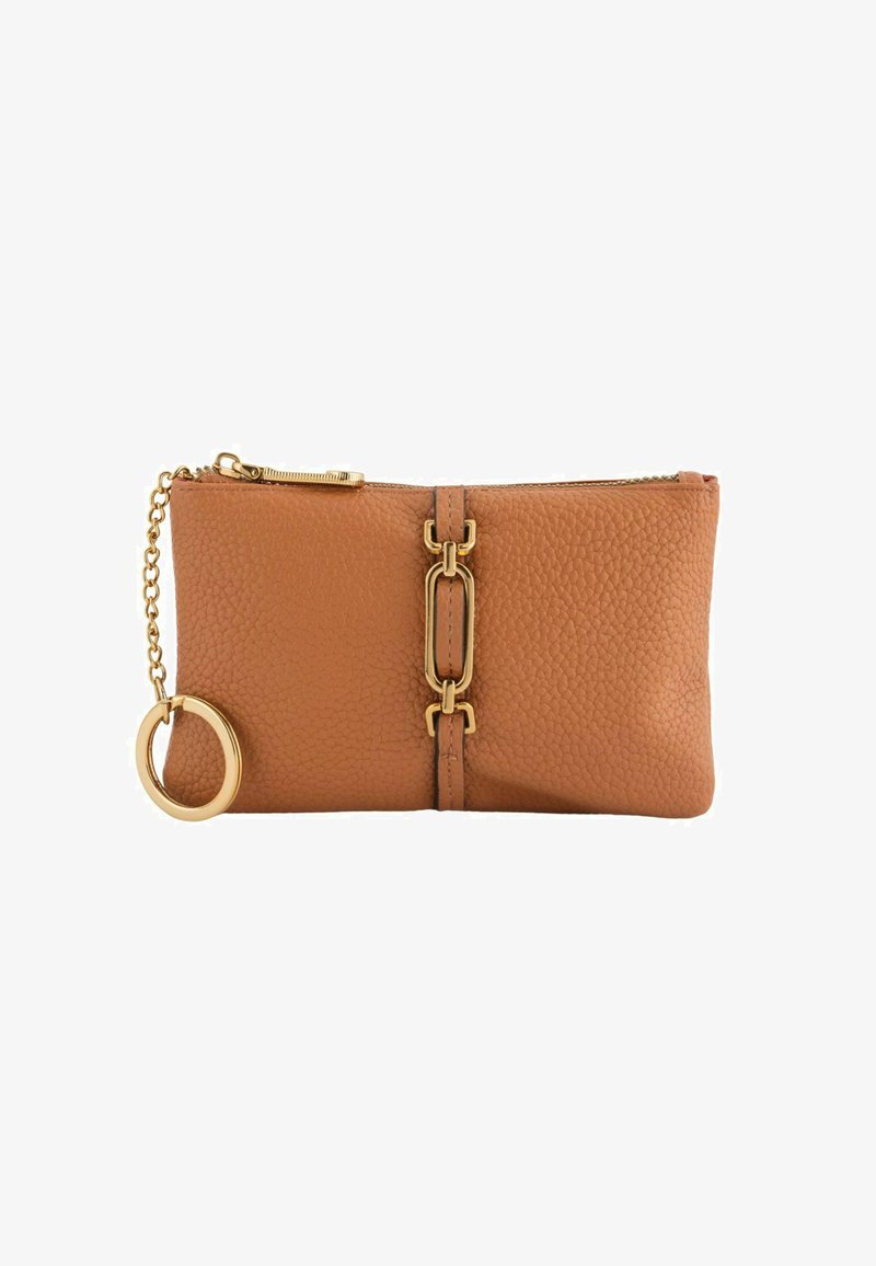Brown textured leather clutch with gold chain, zipper, and decorative rectangular metal clasp on front center.
