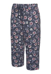 Donker bloemen capri broeken met een trekkoord in de taille. Kenmerkt zich door een meerkleurig bloemenpatroon op een marineblauwe achtergrond. Lichtgewicht stof.