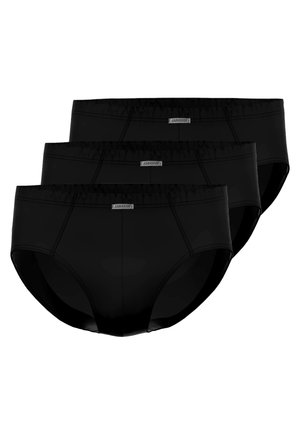 Drei Paare von schwarzen Baumwollslips mit glatter Textur, elastischem Bund und einem kleinen Logo, das auf der Vorderseite gestickt ist.