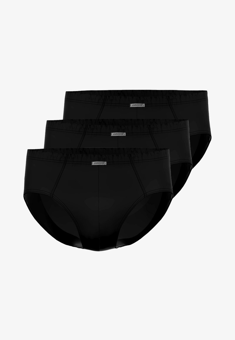 Drie paar zwarte katoenen slips met een gladde textuur, een elastische tailleband en een klein logo op de voorkant gestikt.