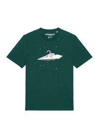 Dunkelgrünes Baumwoll-T-Shirt mit einer weißen Astronautenillustration, der auf einem Papierflieger sitzt, umgeben von kleinen weißen Sternen.