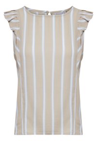 Top senza maniche beige con righe verticali azzurro chiaro. Presenta dettagli con volant sulle spalle e un'apertura a chiave sul retro. Texture del tessuto liscia.