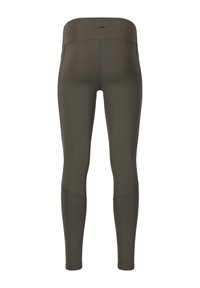 Olijfgroene leggings met een hoge taille, een gladde textuur en geribbelde accenten bij de kuiten. Voorzien van platte naden voor extra comfort.