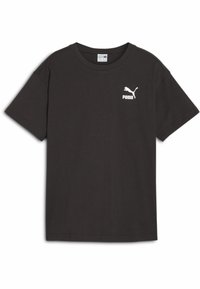 Sort bomulds-T-shirt med korte ærmer, med et hvidt Puma-logo på venstre bryst. Klassisk rundhalset design.