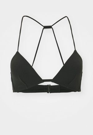 Svart trekantet bikinioverdel med justerbare stropper, glatt tekstur og lås bak. Minimalistisk design uten mønstre.