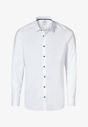 Camicetta bianca a maniche lunghe realizzata in tessuto liscio, con chiusura frontale a bottoni navy, colletto allungato e polsini dritti.