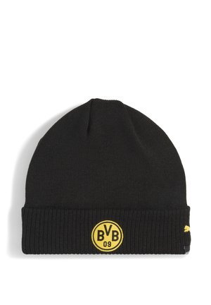 Sort strikket hue med foldet kant, der har et gult rundt BVB 09 logo foran og et lille gult Puma-logo på kanten.