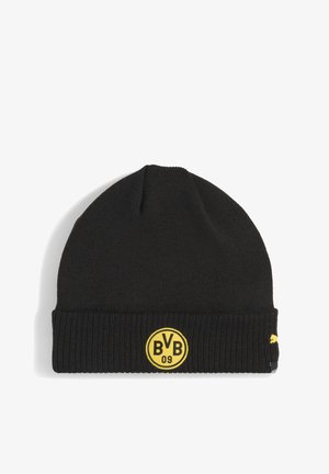 Sort strikket hue med foldet kant, der har et gult rundt BVB 09 logo foran og et lille gult Puma-logo på kanten.
