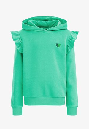 Mintgrüner Hoodie mit langen Ärmeln, gerafften Schulterdetails und einem kleinen zweifarbigen grünen Herz, das auf der linken Brust gestickt ist.
