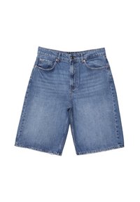 Lichtblauwe denim short met een hoge taille, vijf zakken en een rechte pijp. Zichtbare stiksels en metalen knoopdetails.