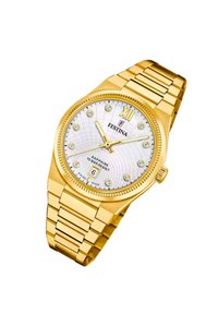 Guldtonet wristwatch med en hvid struktureret skive, diamantlignende timemarkører og en datovisning. Metalarmbånd med polerede led.