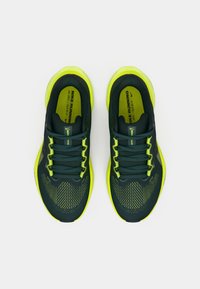 Ζευγάρι σκούρων πράσινων και νέον κίτρινων αθλητικών παπουτσιών Nike που απεικονίζεται από πάνω σε λευκό φόντο.