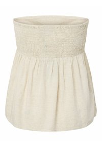 Jupe en lin beige sans bretelles avec une taille élastique smockée et un tissu froncé en dessous, créant une silhouette évasée.