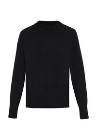 Schwarzer Pullover mit hohem Kragen, langen Ärmeln und geripptem Muster an den Bündchen und am Saum. Glattes Material ohne Muster oder Akzente.