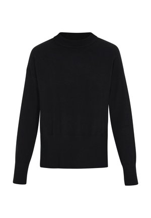 Pull noir à col montant, à manches longues, avec une texture côtelée aux poignets et à l'ourlet. Tissu lisse sans motifs ni accents.