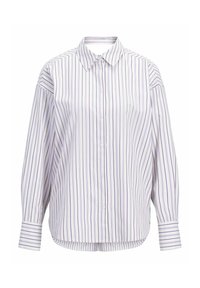 Camicia a righe bianca e viola. Presenta un colletto classico, maniche lunghe e un orlo curvo. Realizzata in tessuto leggero.