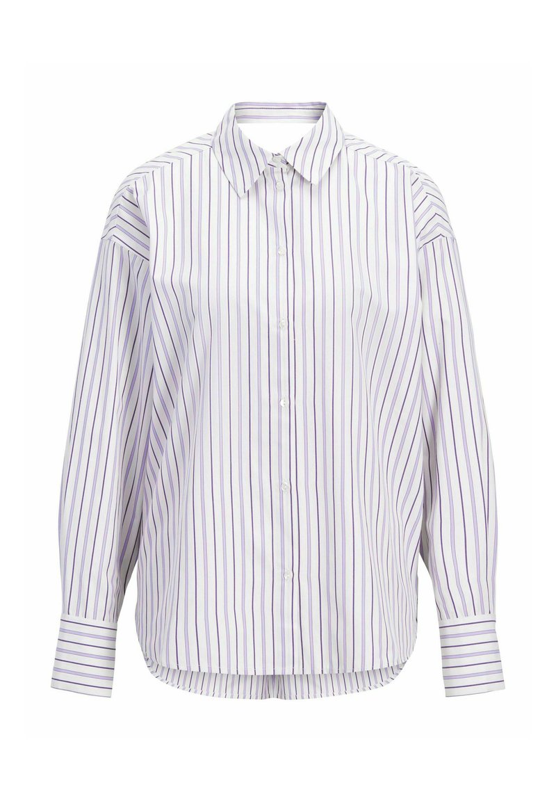 Camicia a righe bianca e viola. Presenta un colletto classico, maniche lunghe e un orlo curvo. Realizzata in tessuto leggero.