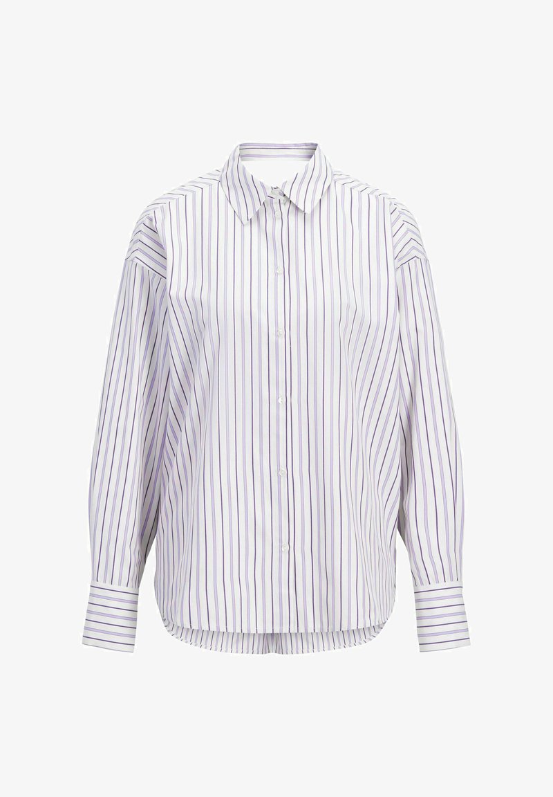 Camicia a righe bianca e viola. Presenta un colletto classico, maniche lunghe e un orlo curvo. Realizzata in tessuto leggero.