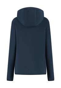 Marineblauwe hoodie met lange mouwen, van achteraf bekeken, met een aansluitend design en textuurstof.