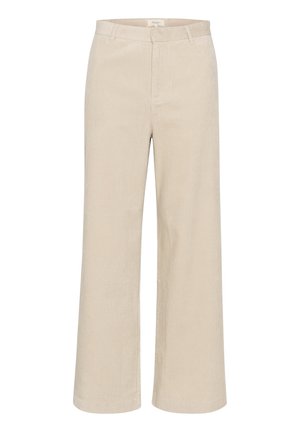 Beige levelede corduroy-housut, joissa on hienovarainen raidoitus, vyölenkit, vetoketju edessä ja kaksi sivutaskua.