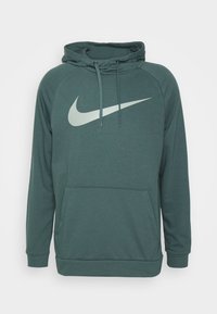 Hoodie vert foncé en tissu doux, doté d'un grand logo Nike en gris clair sur le devant et d'une poche kangourou.