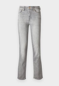 Grijze denim jeans met een rechte pijp, voorzien van een voorste knoopsluiting, vijf zakken en subtiele vervaging voor textuur.