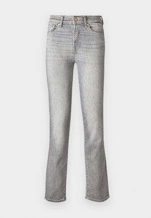 Jeans in denim grigio con un design a gamba dritta, dotati di chiusura frontale con bottone, cinque tasche e decolorazione sottile per aggiungere texture.