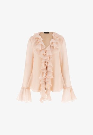 Šviesiai rožinė, ilgos rankovės bluzonė su volanėlėmis priekyje ir varpelio formos rankovėmis. Pagaminta iš lengvos medžiagos su subtilia tekstūra ir laisvu siluetu.