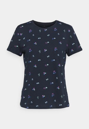 Marineblaues T-Shirt mit kurzen Ärmeln und kleinen, verstreuten Blumenmustern in Pink, Blau und Weiß.