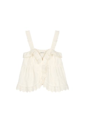 Weißes ärmelloses Oberteil mit rüschenartigen Akzenten, strukturiertem Stoff und ausgestelltem Design. Es verfügt über einen Knopfverschluss und dekorative Besätze.