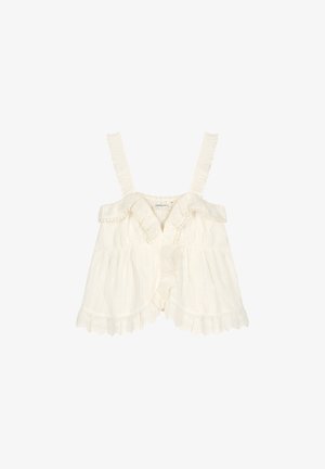 Weißes ärmelloses Oberteil mit rüschenartigen Akzenten, strukturiertem Stoff und ausgestelltem Design. Es verfügt über einen Knopfverschluss und dekorative Besätze.