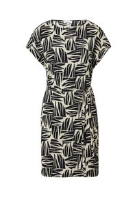 Kurzarmkleid mit einem schwarz-beigen Blättermuster, tailliertem Bund und fließendem Stoff. Lockere Passform mit rundem Ausschnitt.