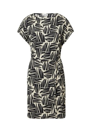 Korte mouw jurk met een zwart en beige bladmuster, een cinched taille en vloeiende stof. Ontspannen pasvorm met een ronde halslijn.