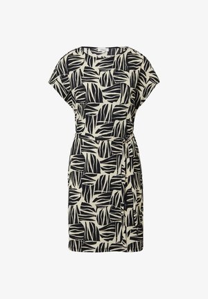 Korte mouw jurk met een zwart en beige bladmuster, een cinched taille en vloeiende stof. Ontspannen pasvorm met een ronde halslijn.