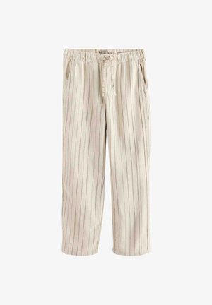 Šviesiai smėlio spalvos kelnių su vertikaliomis dryžiais, pasižyminčių elastingu juosmeniu, raiščiu ir šoninėmis kišenėmis. Pagamintos iš minkštos, lengvos medžiagos.