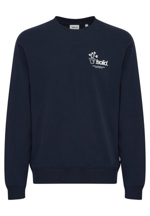 Sudadera azul marino de mezcla de algodón, con mangas largas, puños de canalé y un logo blanco con un gráfico de planta en el pecho.