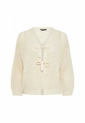 Knit cardigan vaaleassa sävyssä, jossa on V-pääntie, aukko-ompelu kuvio ja vyötärölle solmittava kiinnitys. Mukana pitkät, löysästi istuvat hihat.