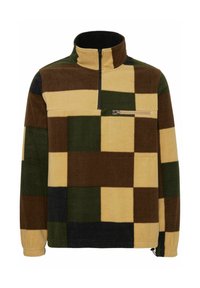 Fleece-pullover med hög krage, med ett rutigt mönster i bruna, gröna och gula nyanser. Inkluderar en dragkedjeförsedd bröstficka.