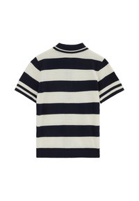 Polo en maille manches courtes avec larges rayures horizontales noires et blanches et col noir avec bord blanc, vu de dos.
