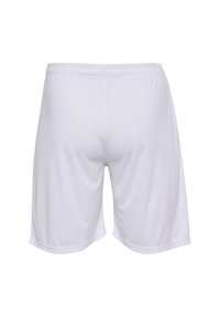 Vita atletiska shorts med elastisk midja, tillverkade av smidigt tyg, har en avslappnad passform och inga synliga mönster eller detaljer.