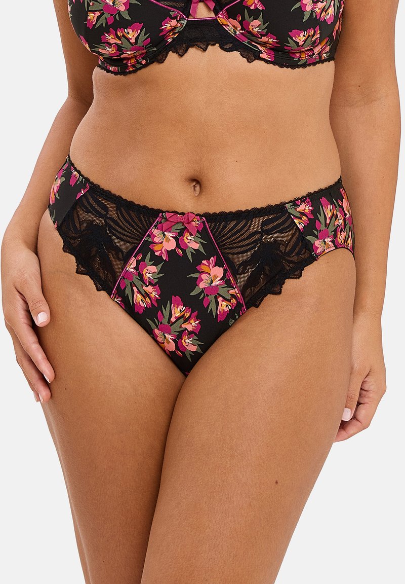 Ensemble de lingerie noir à motifs floraux, avec des fleurs roses et vertes, des accents en dentelle et une bande texturée. Bretelles ajustables et détail de nœud décoratif.