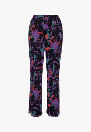 Flared trousers made of lightweight fabric featuring a black base with abstract purple, red, and teal patterns and ruffled edges.
