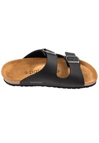 Sandal nera slip-on con due strap regolabili, tomaia in sintetico testurizzato, soletta in sughero ammortizzato e suola in gomma per una maggiore aderenza.