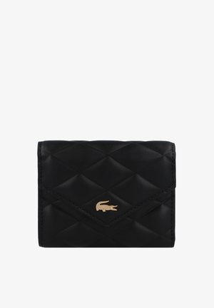 Black leather wallet with a quilted design, featuring a gold logo accent. Envelope-style closure with visible stitching details. Compact size.